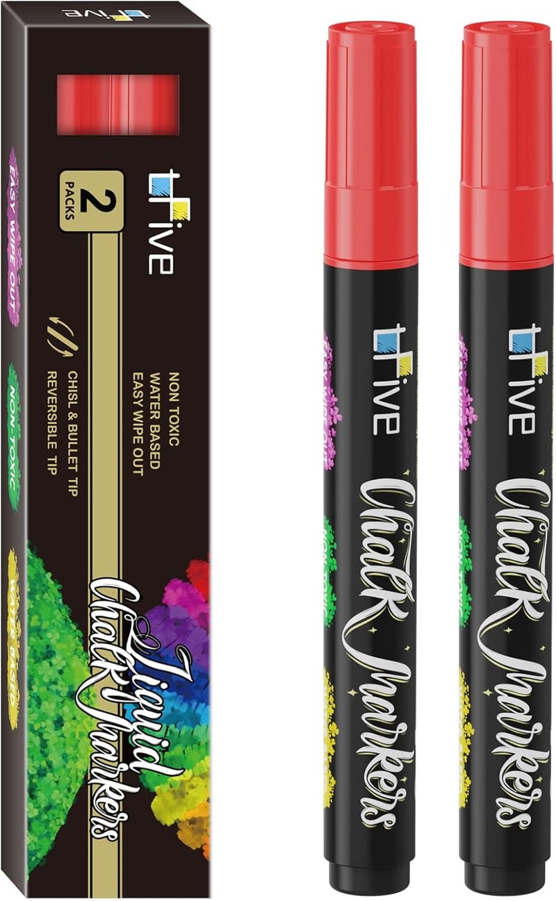 TFIVE Red Liquid Chalk Markers - 2 Pack Bright Colors Erasable Chalk Marker Pens, Reversible Tip, Non-Toxic, for Chalkboards, Signs, Glass, Easy to use Chalk markers TF800 - Image 1